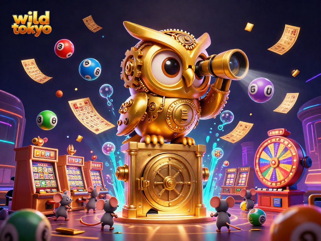 Experience the thrill of wild tokyo with a 3D golden owl overseeing vibrant casino games.