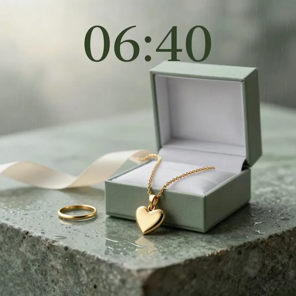 Collana cuore in oro 18 kt, scatola regalo aperta, nastro di seta e luce dopo la pioggia.