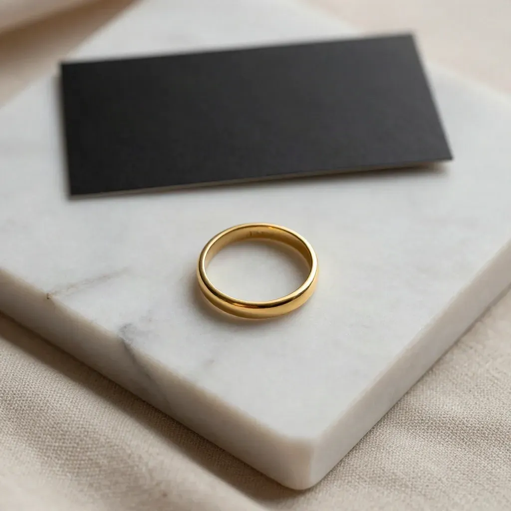 Anello d’oro su marmo satinato con lino, pietra nera e luce morbida dall’alto.