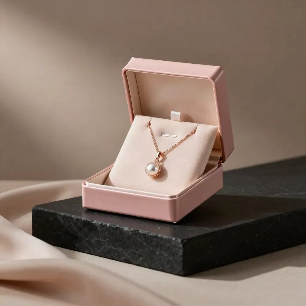 Set regalo rosa cipria con collana, orecchini e scatola aperta su fondo scuro elegante.