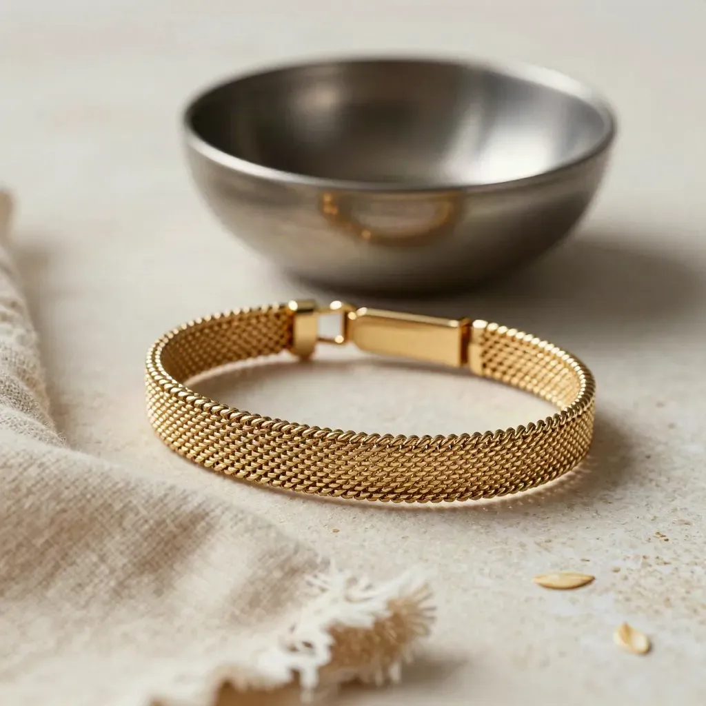 Bracciale a maglia fine in oro chiaro accanto a lino e ciotola metallica, macro elegante.