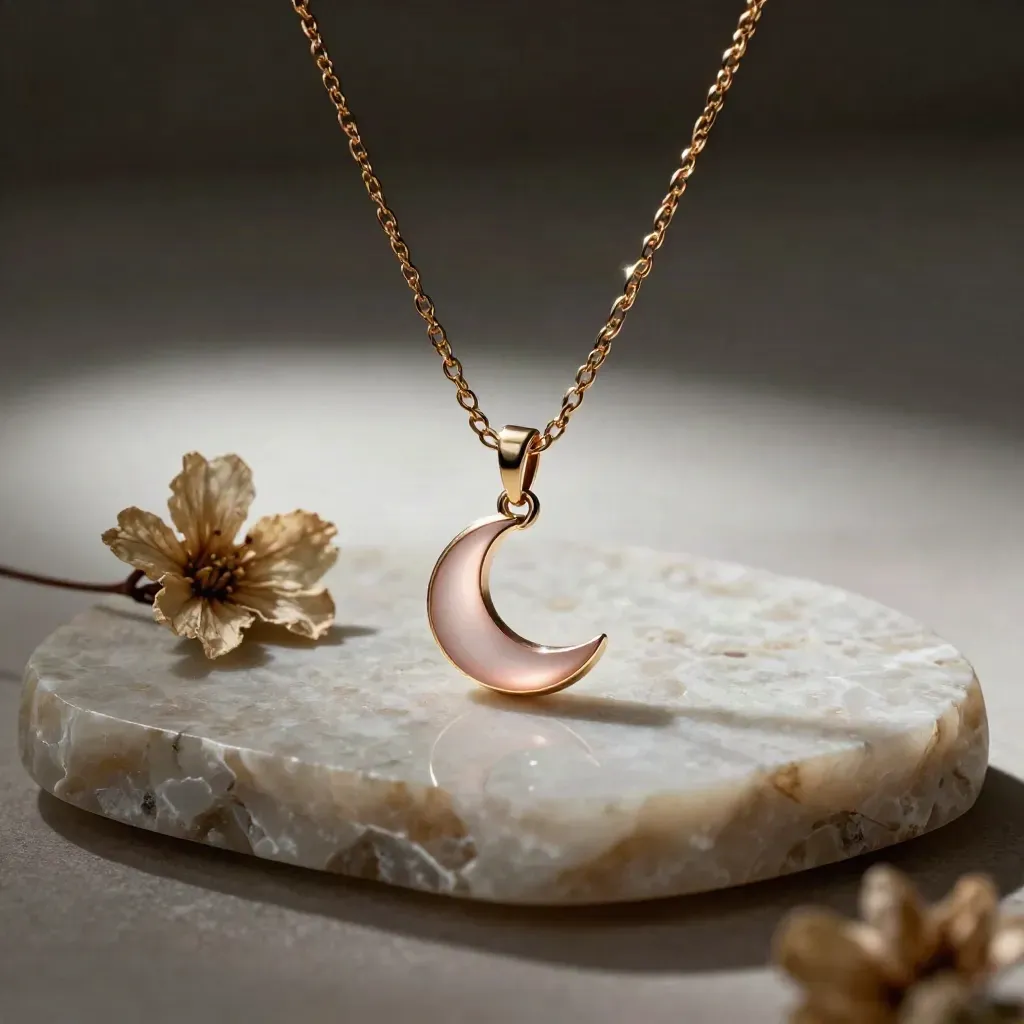 Collana con ciondolo a mezzaluna rosa su pietra chiara, luce radente e fiore secco.