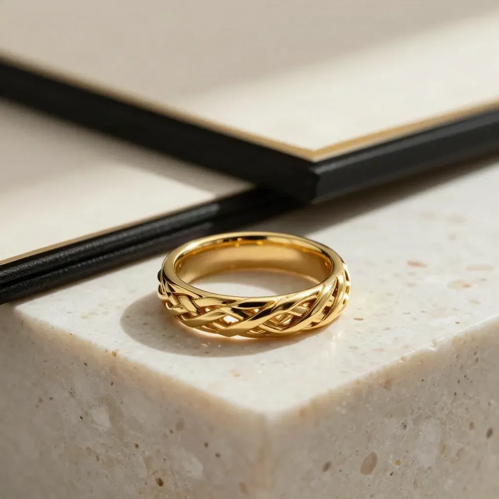 Fedina intreccio in oro su supporti di gesso, luce morbida e sfondo chiaro