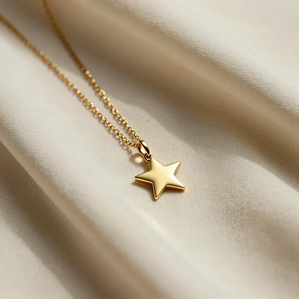 Ciondolo stella in oro su lino avorio con catena arrotolata e luce radente.