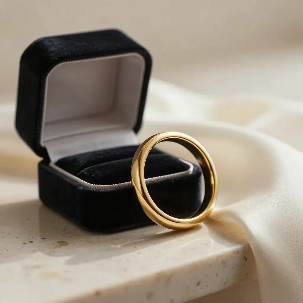 Anello bombato in oro su seta avorio accanto a un cofanetto di velluto chiuso.