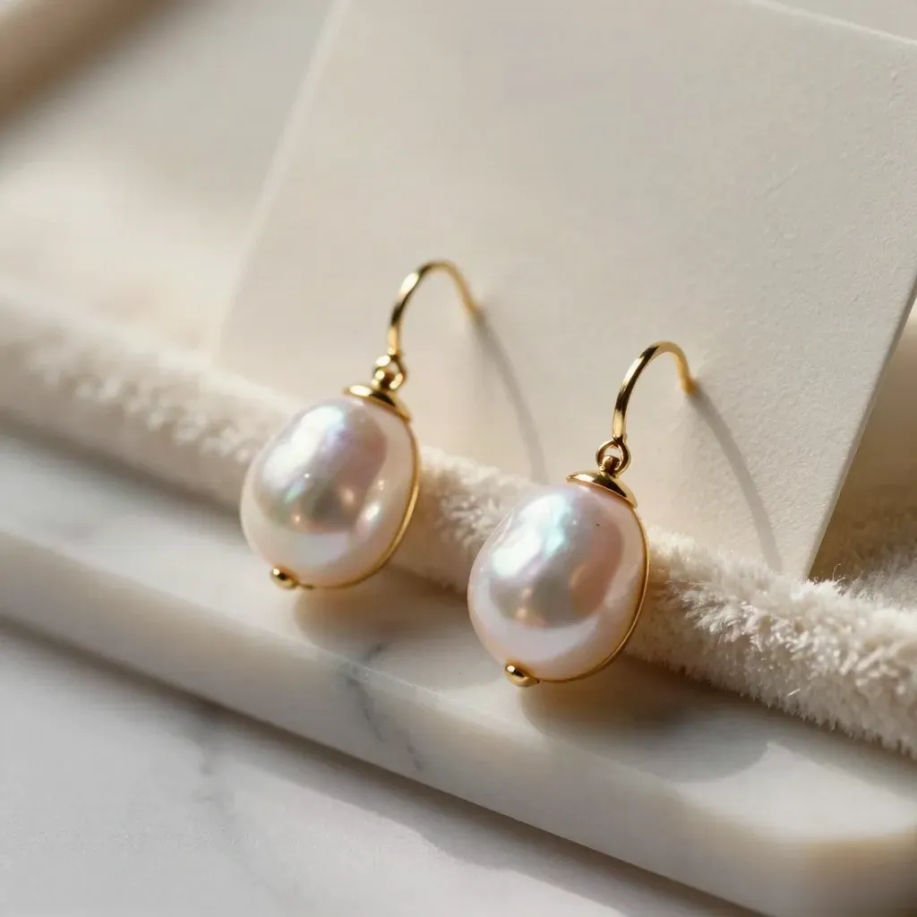 Coppia di orecchini con perle rosa pallido su marmo e velluto, luce radente e riflessi morbidi.