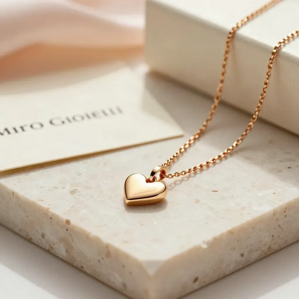 Collana cuore piccolo in oro su pietra levigata con sfondo cipria sfocato.