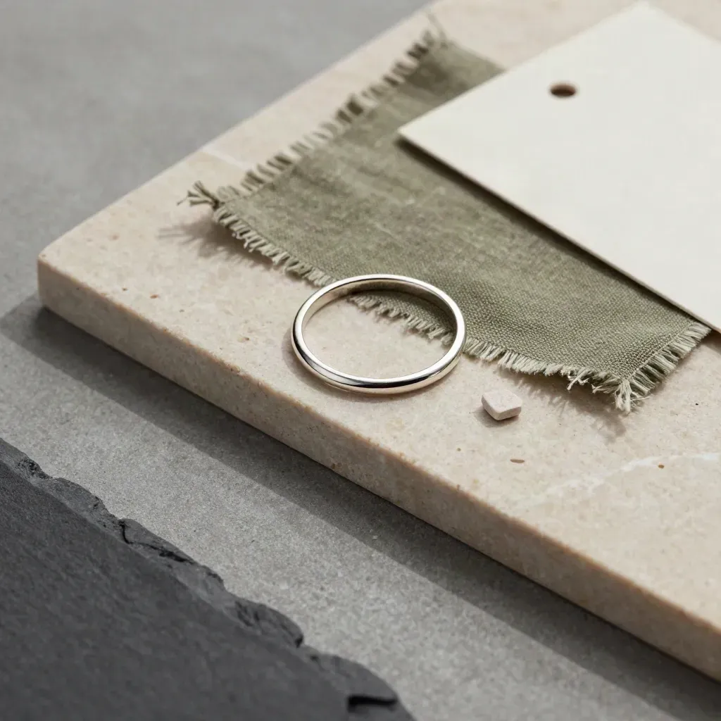 Flat lay dall’alto di anello sottile in argento 925 con lino e pietra chiara su lastra di pietra.