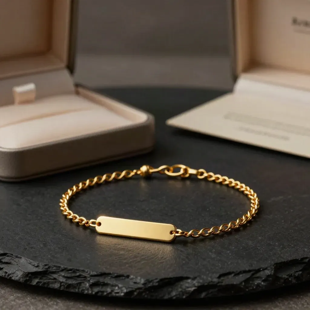 Bracciale inciso in oro con scatolina aperta su fondo nero, luce drammatica e riflessi morbidi