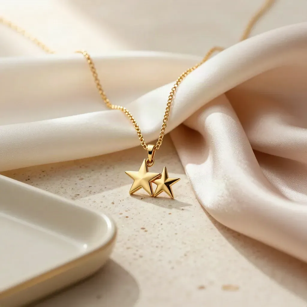 Pendente a doppia stella in oro su seta avorio e rosa cipria, con catena sottile.