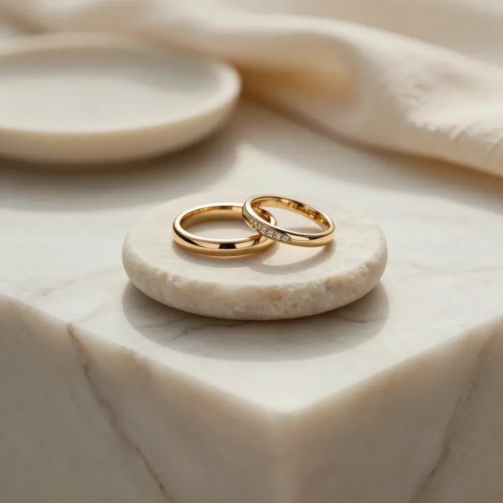 Vetrina in marmo crema con sottili anelli d’oro e un piattino in pietra chiara, luce del mattino.