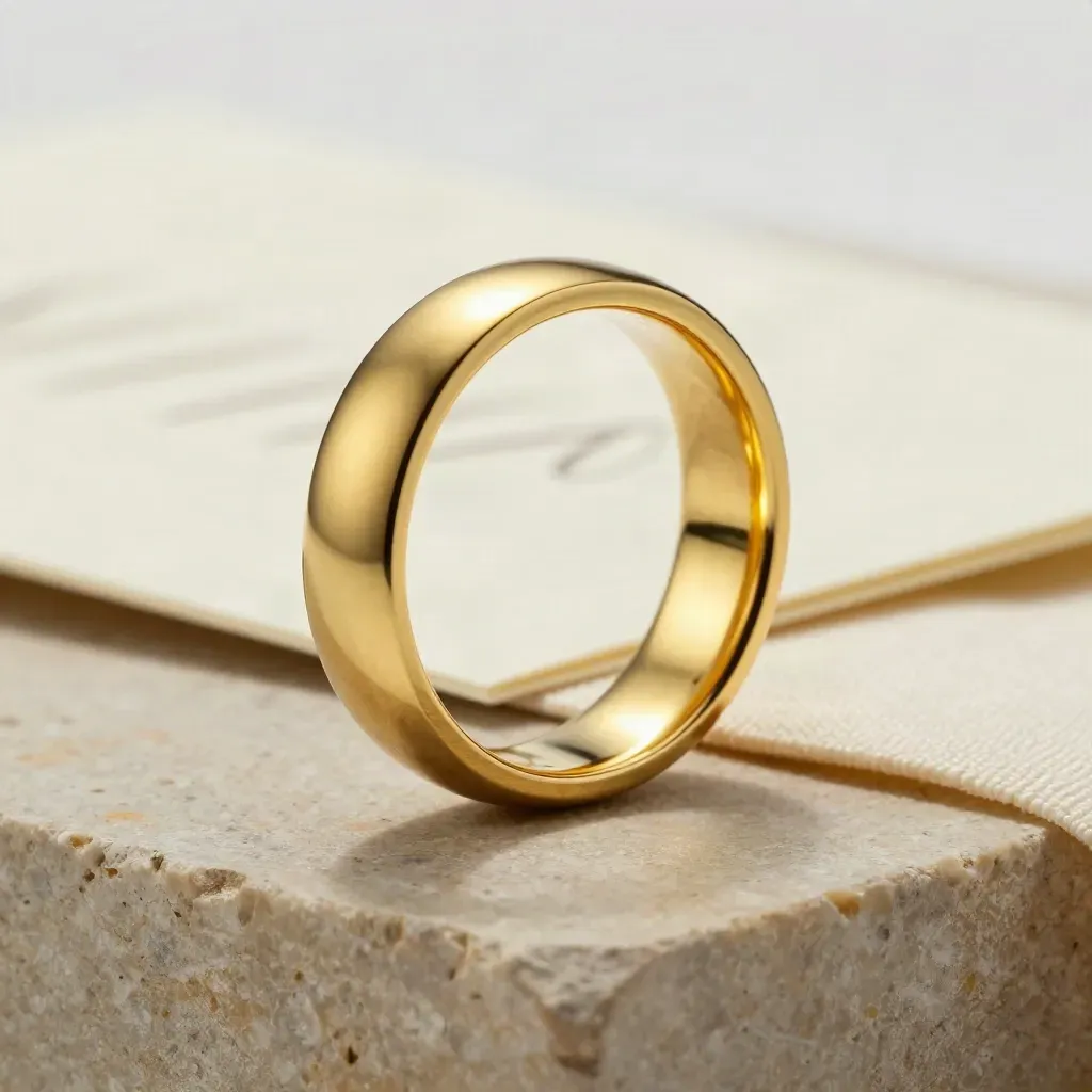 Anello fede liscia in oro giallo su piedistallo di gesso, con luce morbida e sfondo sfumato.