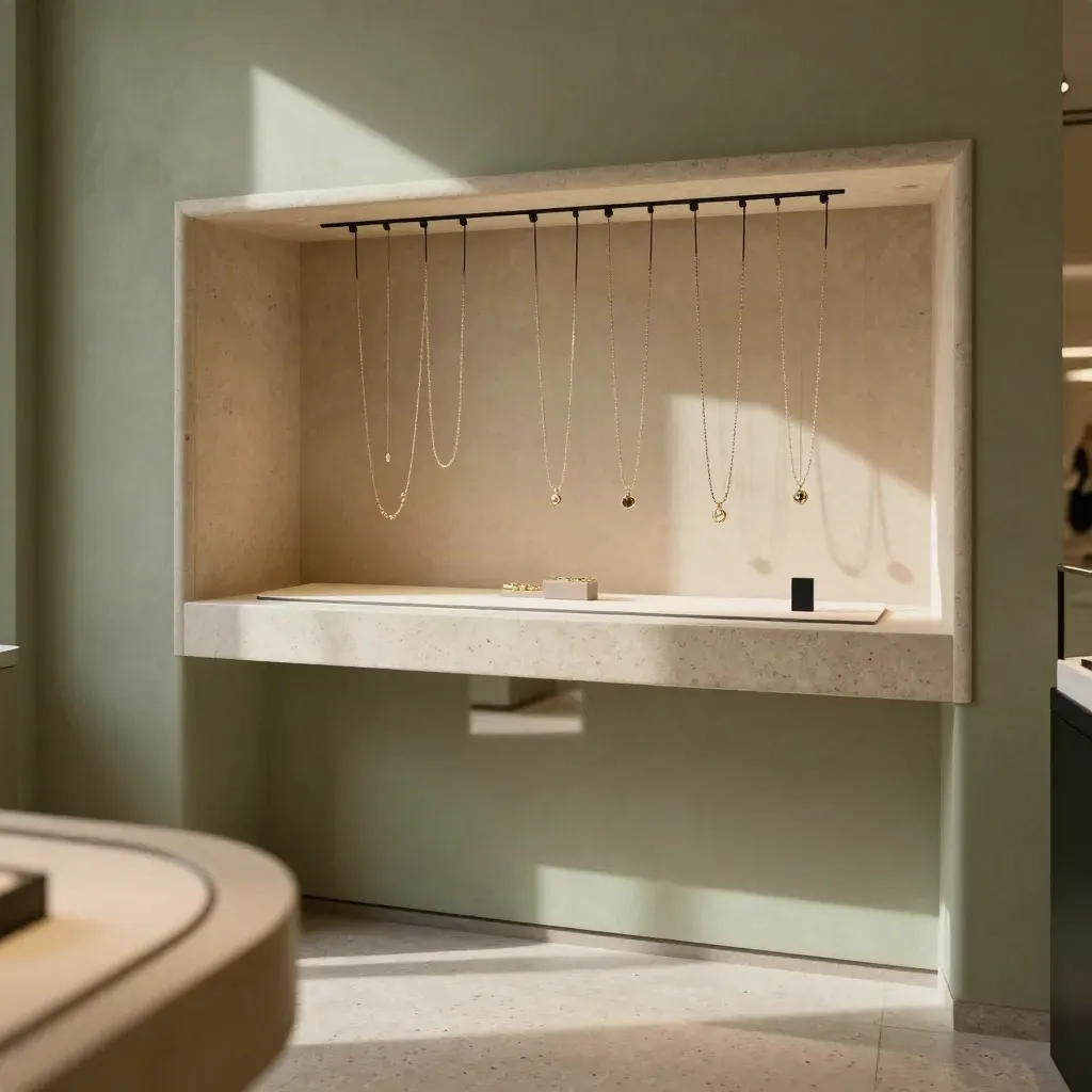 Interno di boutique gioielli con collane sospese in alto e pavimento calmo in pietra.