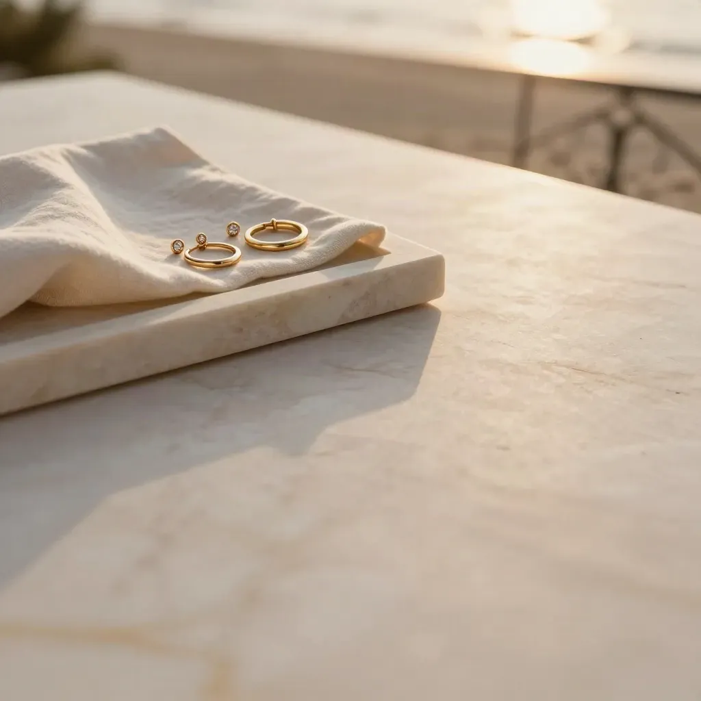 Terrazza in marmo chiaro con piccoli orecchini in oro caldo e ringhiera sfocata al tramonto.