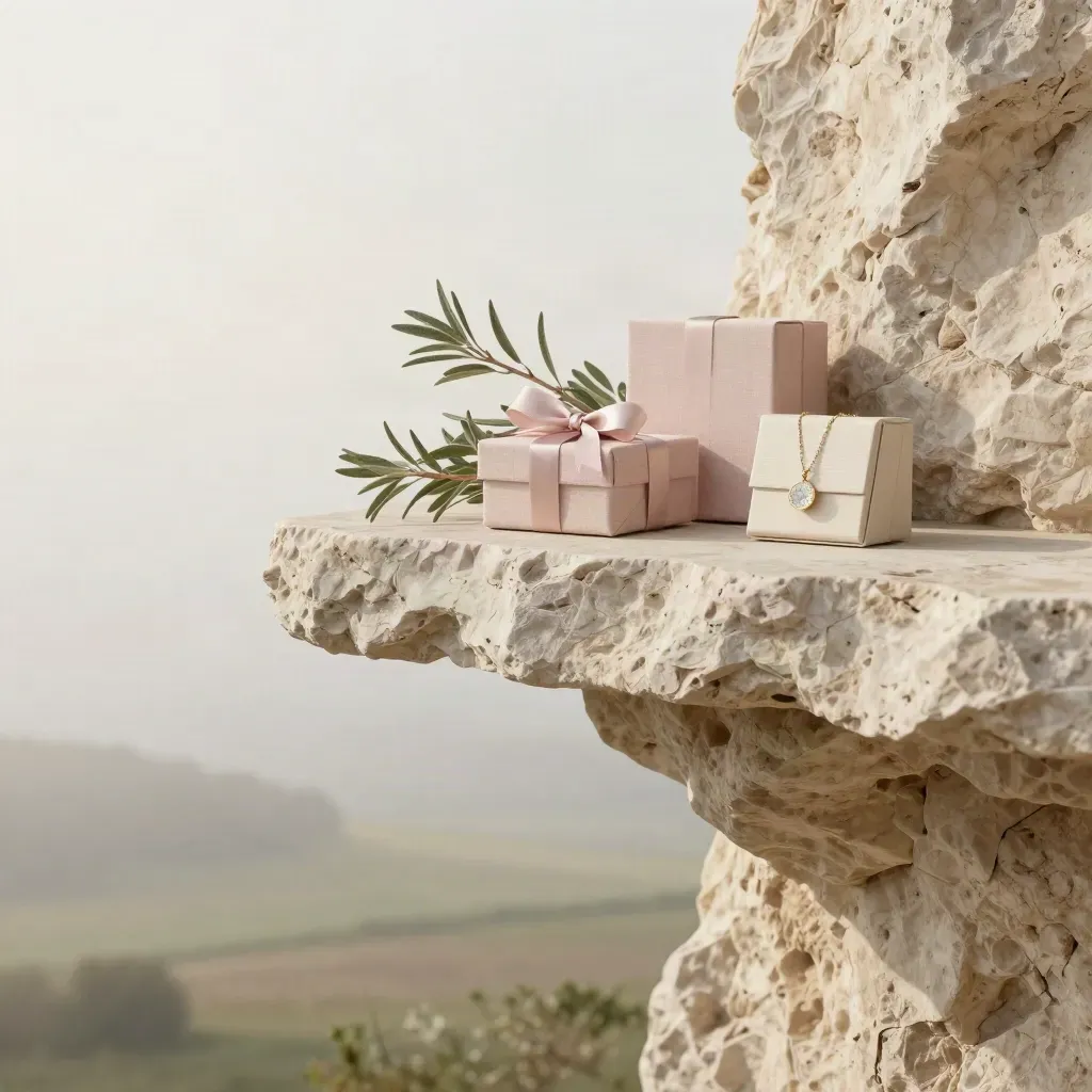 Scatole regalo minimal con gioielli su pietra chiara, rami sottili e paesaggio nebbioso.