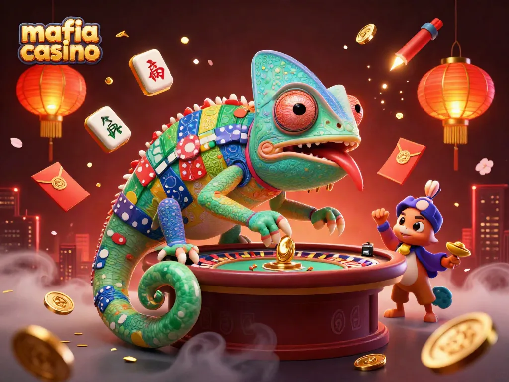 Engage in the thrilling mafia casino world with colorful casino elements and a vibrant chameleon owner.